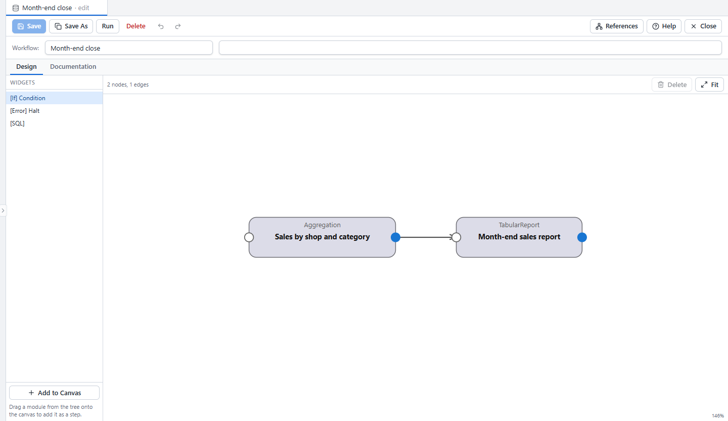 The Workflow editor showing the two chained steps, the aggregation and then the report